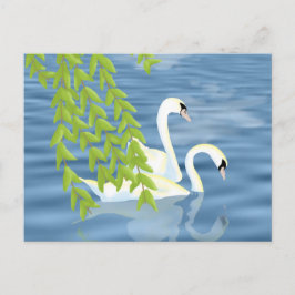 湖絵を描に浮かぶ白鳥の青と緑のペア ポストカード