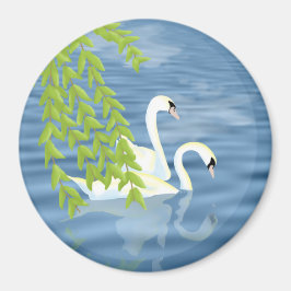 湖絵を描に浮かぶ白鳥の青と緑のペア マグネット