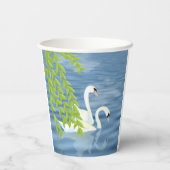 湖絵を描に浮かぶ白鳥の青と緑のペア 紙コップ (裏面)