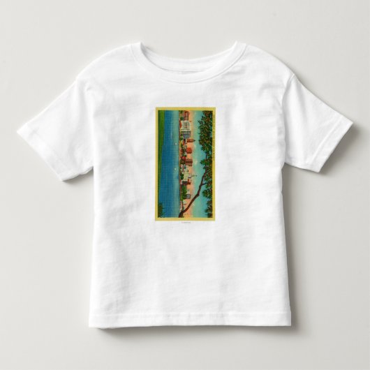 湖Merrittを渡るオークランドのスカイライン トドラーTシャツ (正面)