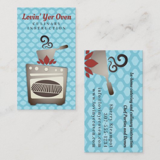 湯気を立てるアロマスオーブン料理教室のパーソナルシェフ 名刺 (正面/裏面)