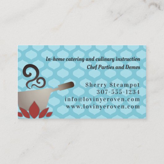 湯気を立てるアロマスオーブン料理教室のパーソナルシェフ 名刺 (裏面)