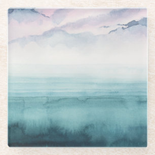 湾の薄暗がり-水彩画 ガラスコースター