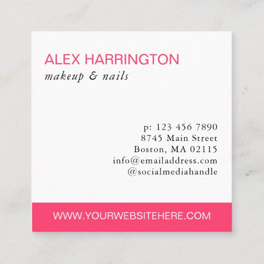 湾曲したホットピンクの文字フォトメイクアップ スクエア名刺 (裏面)