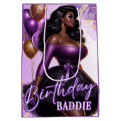 湾曲グラムアフリカンアメリカンウィメンパープル誕生日 ミディアムペーパーバッグ (裏面)