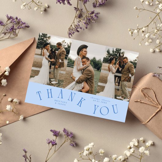 湾曲タイポグラフィー アイスブルーの結婚式マルチフォト サンキューカード