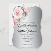 湾曲ピンクローズシルバーエレガンス結婚ズ 招待状 (正面)