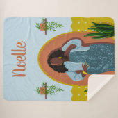 湾曲、黒人女性、観葉植物、マスタード&ブルー シェルパブランケット (正面(横))