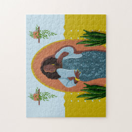 湾曲、黒人女性、観葉植物、黄色と青 ジグソーパズル