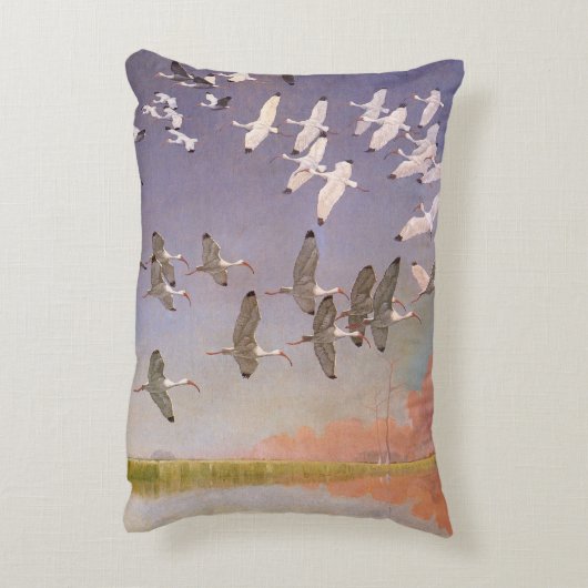 湿地に飛んでいるイビスの群れヴィンテージ アクセントクッション (裏面(縦))