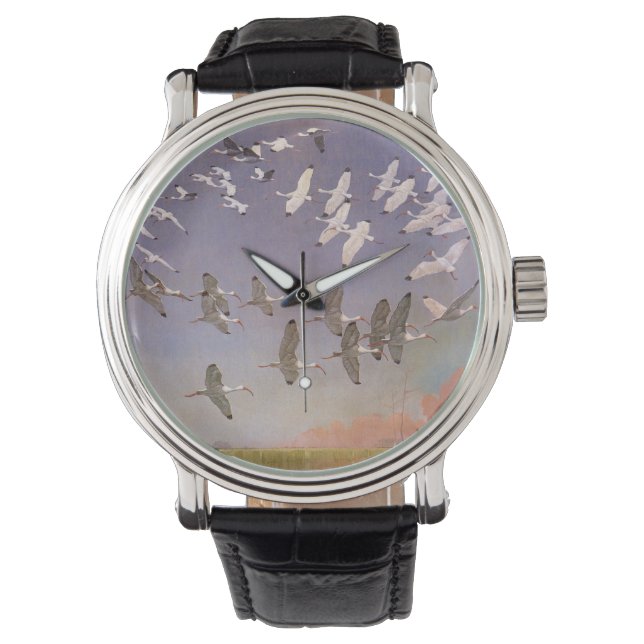 湿地に飛んでいるイビスの群れヴィンテージ 腕時計 (正面)
