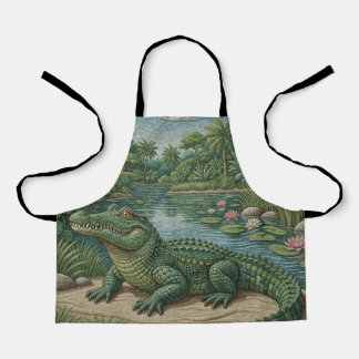 湿地の守護者:刺繍のワニ エプロン