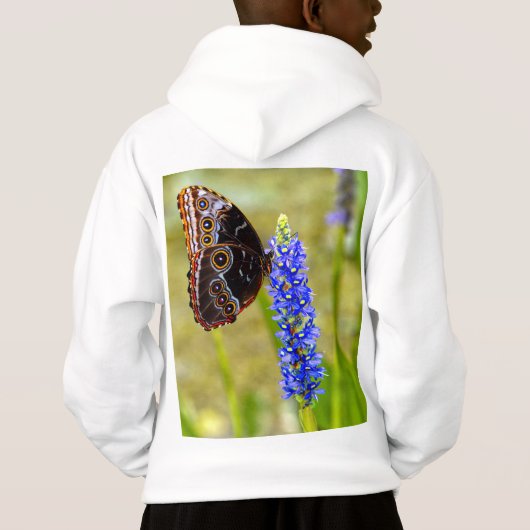 湿地の蘭Tシャツの上の青いモルフォ蝶 (裏面)