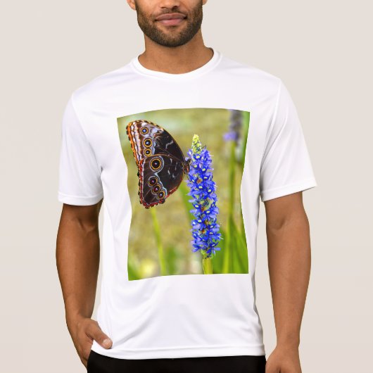 湿地の蘭Tシャツの上の青いモルフォ蝶 Tシャツ (正面)
