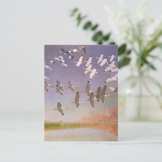 湿地帯のト飛んでいるキの群れとヴィンテージ鳥 ポストカード (スタンド正面)