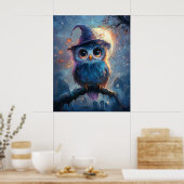 満月お洒落帽子をかぶったフクロウ ポスター (キッチン)