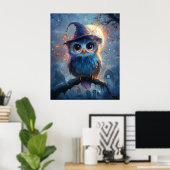 満月お洒落帽子をかぶったフクロウ ポスター (ホームオフィス)