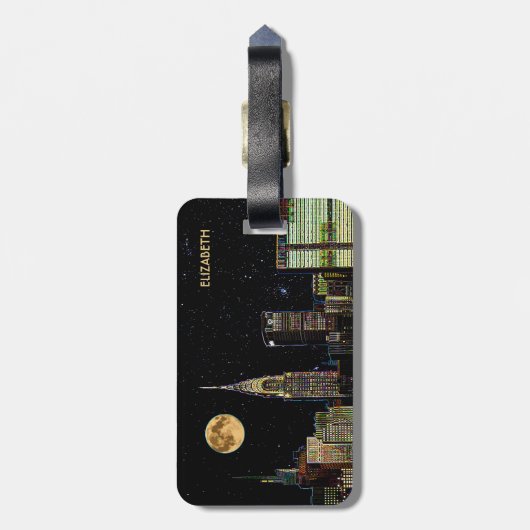 満月との夜のニューヨークのスカイライン ラゲッジタグ (裏面縦)