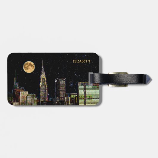 満月との夜のニューヨークのスカイライン ラゲッジタグ (裏面横)