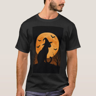 満月とコウモリと魔女猫のシルエット Tシャツ