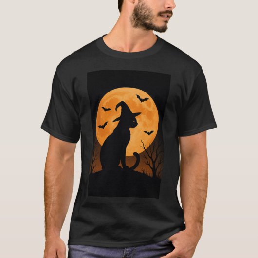 満月とコウモリと魔女猫のシルエット Tシャツ (正面)