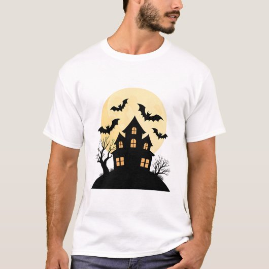 満月とコウモリのいるお化け屋敷のシルエット Tシャツ (正面)