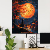 満月とヴィレッジハロウィーンを見下ろす魔女 ポスター (ホームオフィス)