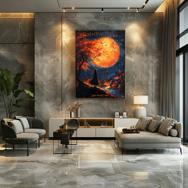 満月とヴィレッジハロウィーンを見下ろす魔女 ポスター