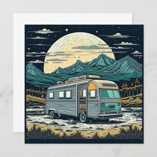 満月と山の中のヴィンテージRV (正面/裏面)