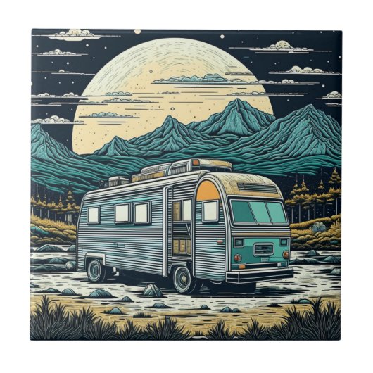 満月と山の中のヴィンテージRV タイル (正面)