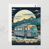 満月と山の中のヴィンテージRV ポストカード (正面/裏面)