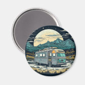 満月と山の中のヴィンテージRV マグネット (正面/裏面)