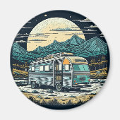 満月と山の中のヴィンテージRV マグネット (正面)