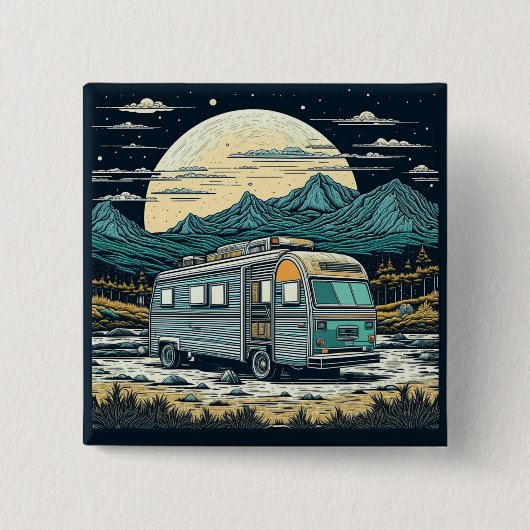 満月と山の中のヴィンテージRV 缶バッジ (正面)