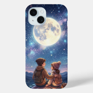 満月と星の銀河の下のロマンティックなカップル  iPhone 15ケース