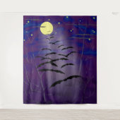 満月と星空を飛ぶコウモリ ハロウィン タペストリー (正面)