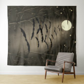 満月と星空を飛ぶコウモリ ヴィンテージ ハロウィン タペストリー (インサイチュ(横))