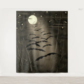 満月と星空を飛ぶコウモリ ヴィンテージ ハロウィン タペストリー (正面)