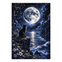 満月と海の夜のファンタジー壁画 黒猫