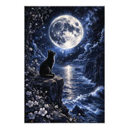 満月と海の夜のファンタジー壁画 黒猫 フォトプリント           