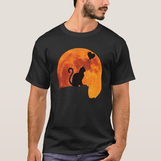 満月と猫のシルエット 赤い月とネコのママと Tシャツ (正面)