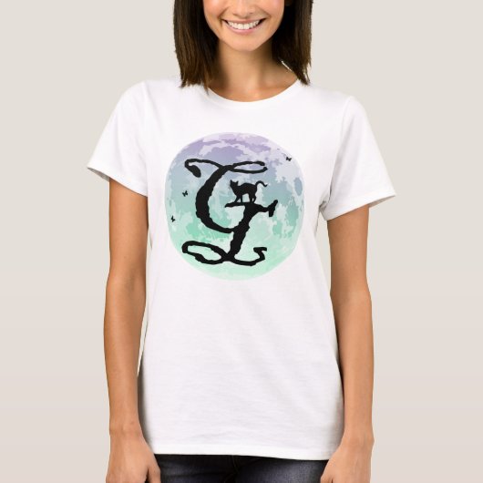 満月と猫GイニシャルモノグラムTシャツ Tシャツ (正面)
