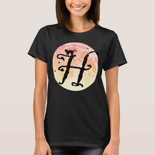 満月と猫HイニシャルモノグラムTシャツ Tシャツ (正面)