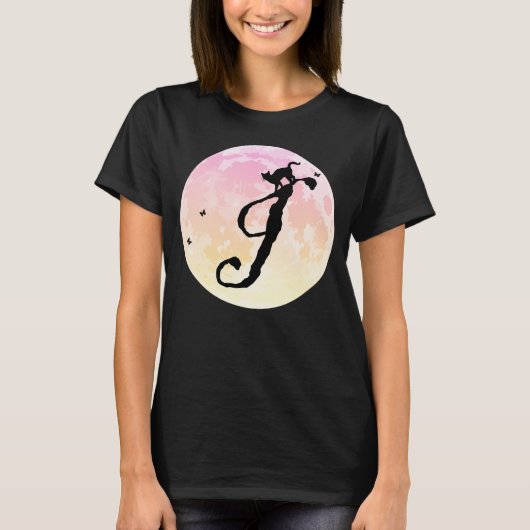 満月と猫IイニシャルモノグラムTシャツ Tシャツ (正面)