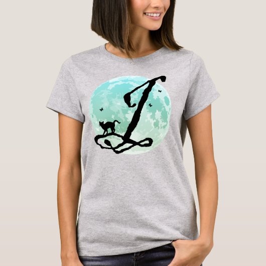 満月と猫JイニシャルモノグラムTシャツ Tシャツ (正面)