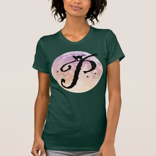 満月と猫PイニシャルモノグラムTシャツ Tシャツ (正面)