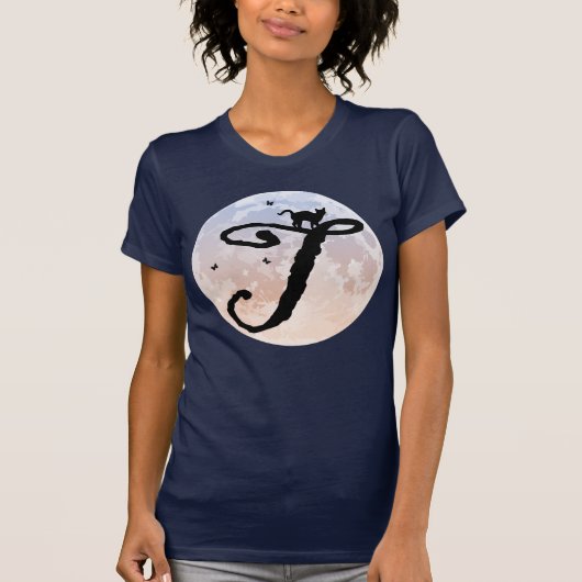満月と猫TイニシャルモノグラムTシャツ Tシャツ (正面)