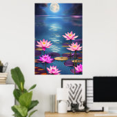 満月と美しいピンクの蓮の花 ポスター (ホームオフィス)