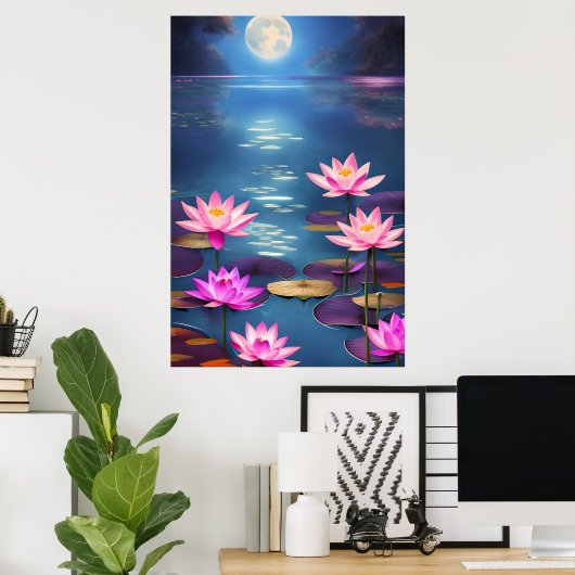 満月と美しいピンクの蓮の花 ポスター (ホームオフィス)