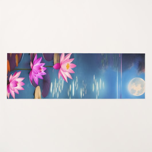 満月と美しいピンクの蓮の花 ヨガマット (正面(横))